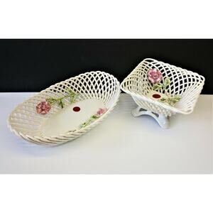 Set/2 Baronia Oval Square Flower Bowls Poland Polish Open Lattice Ceramic Rose